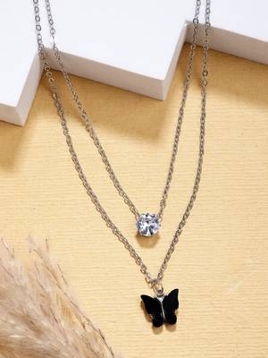  women's silver-toned artificial stones butterfly-shaped layered chain 1