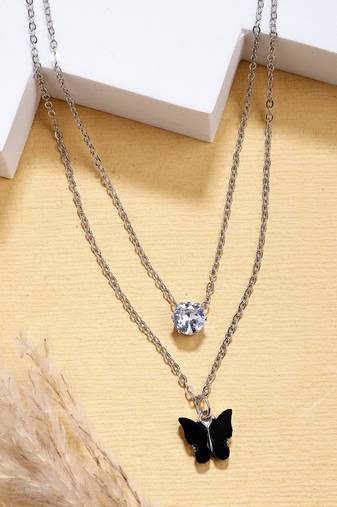  women's silver-toned artificial stones butterfly-shaped layered chain