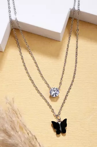  women's silver-toned artificial stones butterfly-shaped layered chain