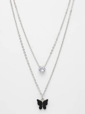  women's silver-toned artificial stones butterfly-shaped layered chain 2