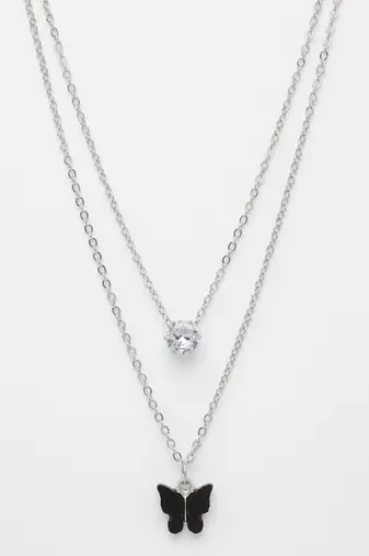  women's silver-toned artificial stones butterfly-shaped layered chain