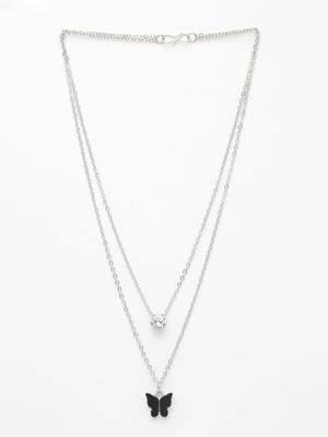  women's silver-toned artificial stones butterfly-shaped layered chain 3