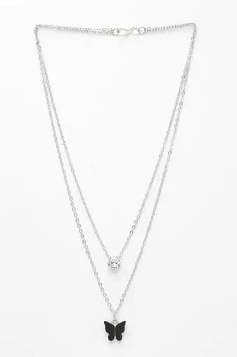  women's silver-toned artificial stones butterfly-shaped layered chain