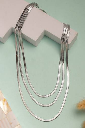 Nvr women's german silver plated oxidised minimal layered chain