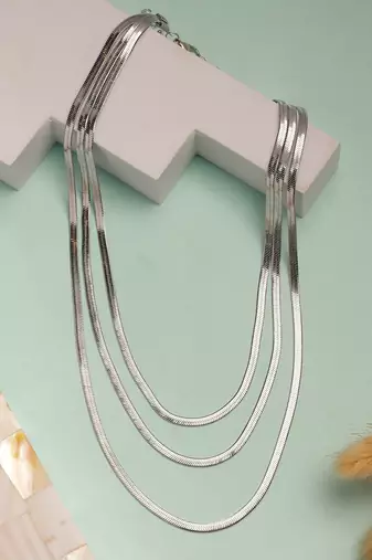 Nvr women's german silver plated oxidised minimal layered chain