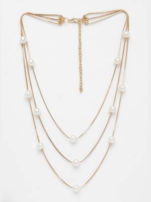  women's gold-plated  white pearls party layered chain 3