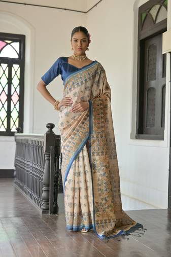 Blue Madhubani Tussar Silk Bland Printed Border & Pallu Saree With Blouse