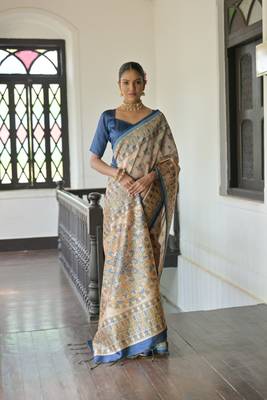 Blue Madhubani Tussar Silk Bland Printed Border & Pallu Saree With Blouse 2