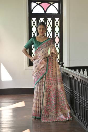 Green Madhubani Tussar Silk Bland Printed Border & Pallu Saree With Blouse