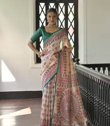Green Madhubani Tussar Silk Bland Printed Border & Pallu Saree With Blouse