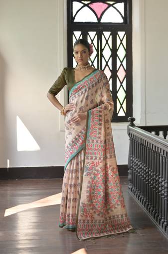 Mahendi Madhubani Tussar Silk Bland Printed Border & Pallu Saree With Blouse