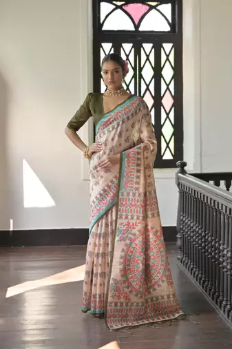 Mahendi Madhubani Tussar Silk Bland Printed Border & Pallu Saree With Blouse