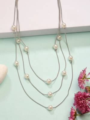  women's silver-plated  white pearls party layered chain 1