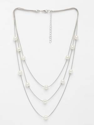  women's silver-plated  white pearls party layered chain 3