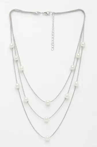  women's silver-plated  white pearls party layered chain