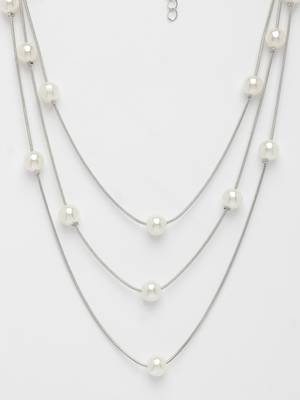  women's silver-plated  white pearls party layered chain 4