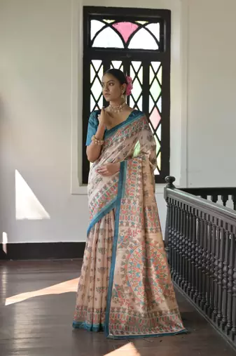 Rama Madhubani Tussar Silk Bland Printed Border & Pallu Saree With Blouse