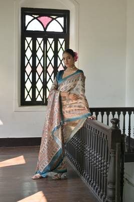 Rama Madhubani Tussar Silk Bland Printed Border & Pallu Saree With Blouse 2