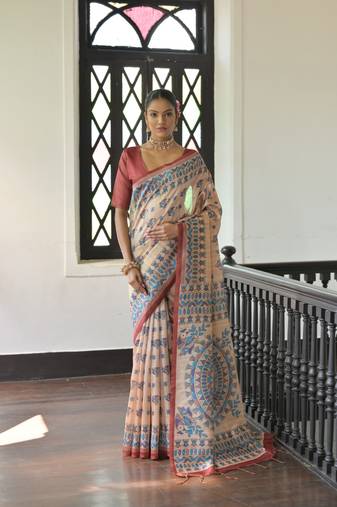 Red Madhubani Tussar Silk Bland Printed Border & Pallu Saree With Blouse