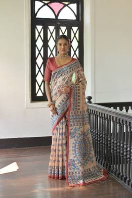 Red Madhubani Tussar Silk Bland Printed Border & Pallu Saree With Blouse 1