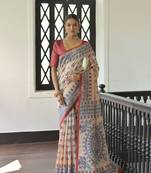 Red Madhubani Tussar Silk Bland Printed Border & Pallu Saree With Blouse