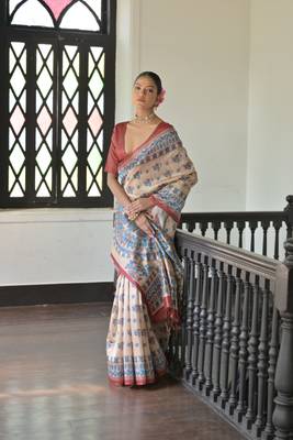 Red Madhubani Tussar Silk Bland Printed Border & Pallu Saree With Blouse 2