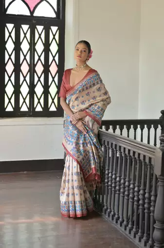 Red Madhubani Tussar Silk Bland Printed Border & Pallu Saree With Blouse