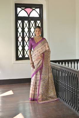 Wine Madhubani Tussar Silk Bland Printed Border & Pallu Saree With Blouse 1