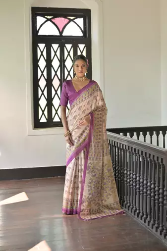 Wine Madhubani Tussar Silk Bland Printed Border & Pallu Saree With Blouse