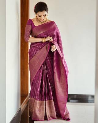 Wine Banarasi Silk Woven Traditional Saree 1