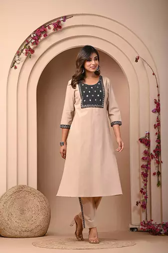 Beige elegance embroidered kurta set