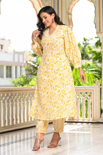 vibrant yellow cotton kurta set