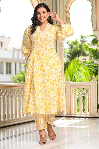 vibrant yellow cotton kurta set