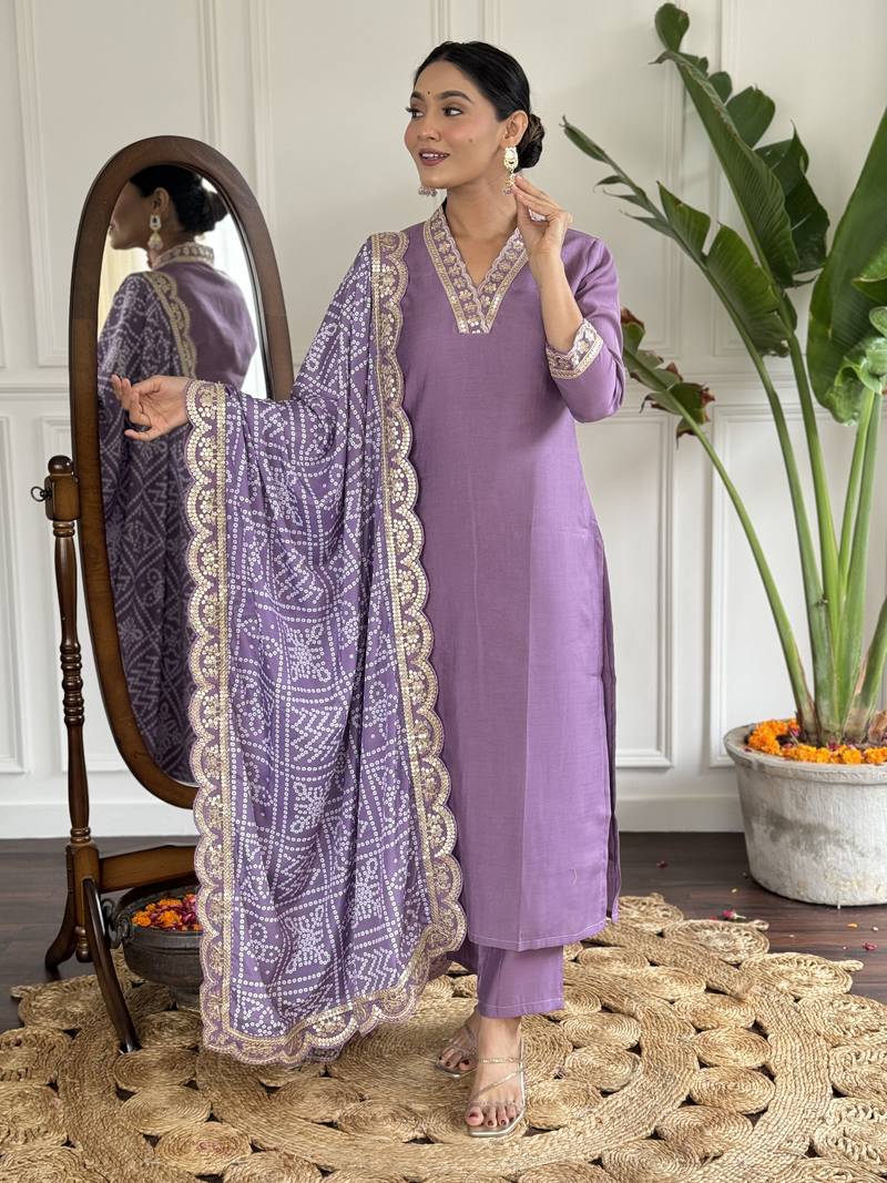 Viscose Silk Fabric work Straight cut Kurta, Pant and Dupatta Set