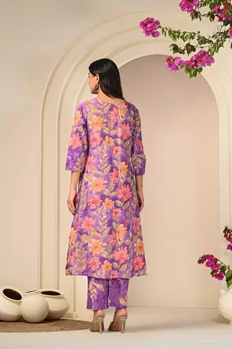 purple petal print kurta set