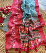 Light-Blue Soft Silk Saree,Digital Print With Crush Saree