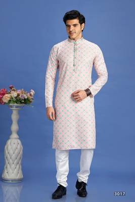 peach  embroidery cotton fabric with digital print straight kurta pajama for men 1