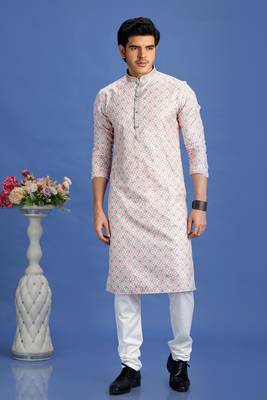 peach  embroidery cotton fabric with digital print straight kurta pajama for men 2