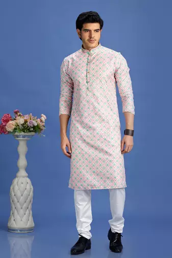 peach  embroidery cotton fabric with digital print straight kurta pajama for men