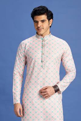 peach  embroidery cotton fabric with digital print straight kurta pajama for men 3