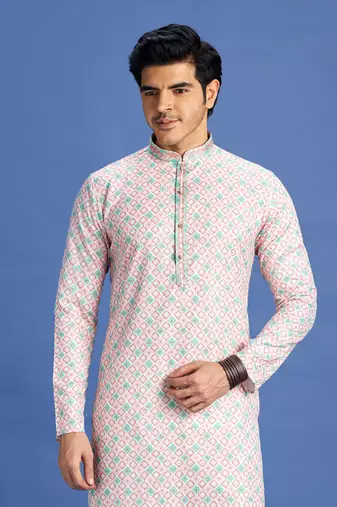 peach  embroidery cotton fabric with digital print straight kurta pajama for men