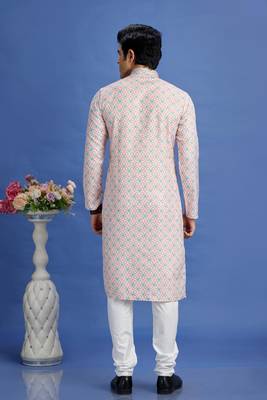 peach  embroidery cotton fabric with digital print straight kurta pajama for men 4