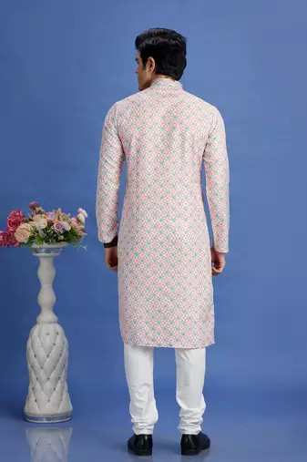 peach  embroidery cotton fabric with digital print straight kurta pajama for men