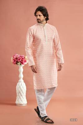 peach digital print on cotton fabric with thread work straight kurta pajama for men 1