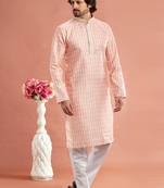 Peach digital print on cotton fabric with thread work straight kurta for men