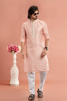 peach digital print on cotton fabric with thread work straight kurta pajama for men 2