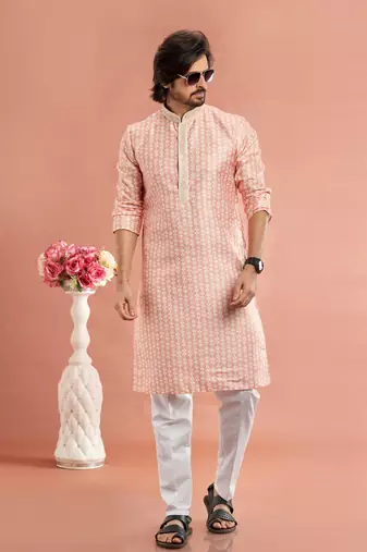 peach digital print on cotton fabric with thread work straight kurta pajama for men