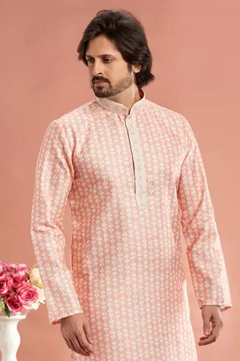 peach digital print on cotton fabric with thread work straight kurta pajama for men