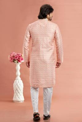 peach digital print on cotton fabric with thread work straight kurta pajama for men 4