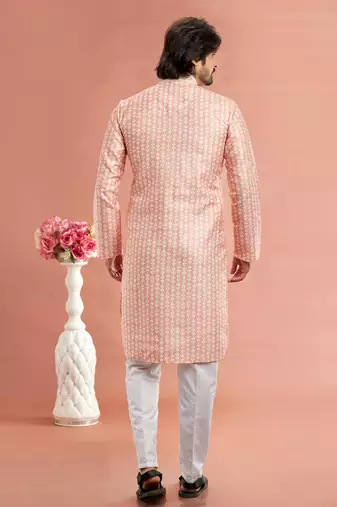 peach digital print on cotton fabric with thread work straight kurta pajama for men